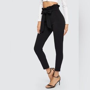 Belted Paperbag Waist Skinny Black Pants